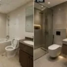 Bathroom renovation: Before and after, new tiles, fittings and glass