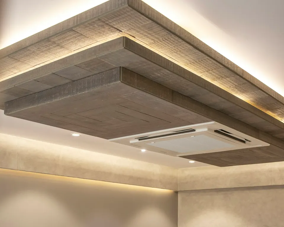 Layered false ceiling with concealed cove lighting and a built-in AC unit